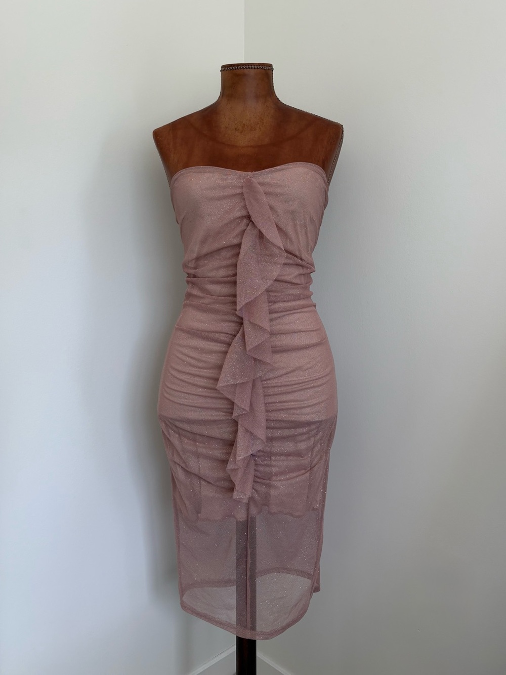 Fashion Nova Strapless Ruffle Midi Glitter Dress